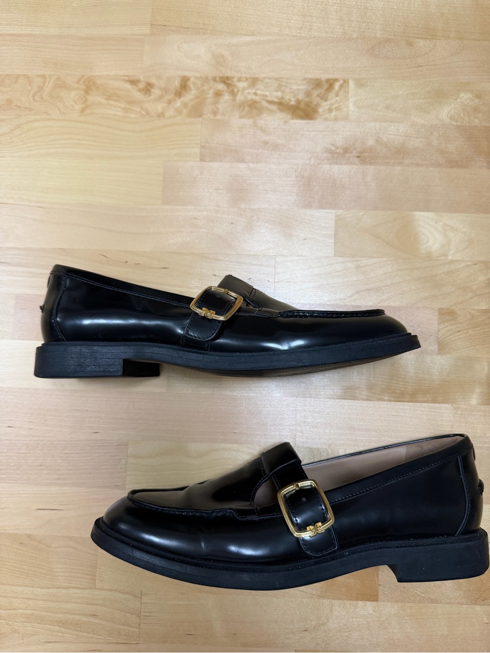 Sam Edelman Elaina T-Strap Loafers Women’s 9 Black Leather Mary Jane Gold Buckle